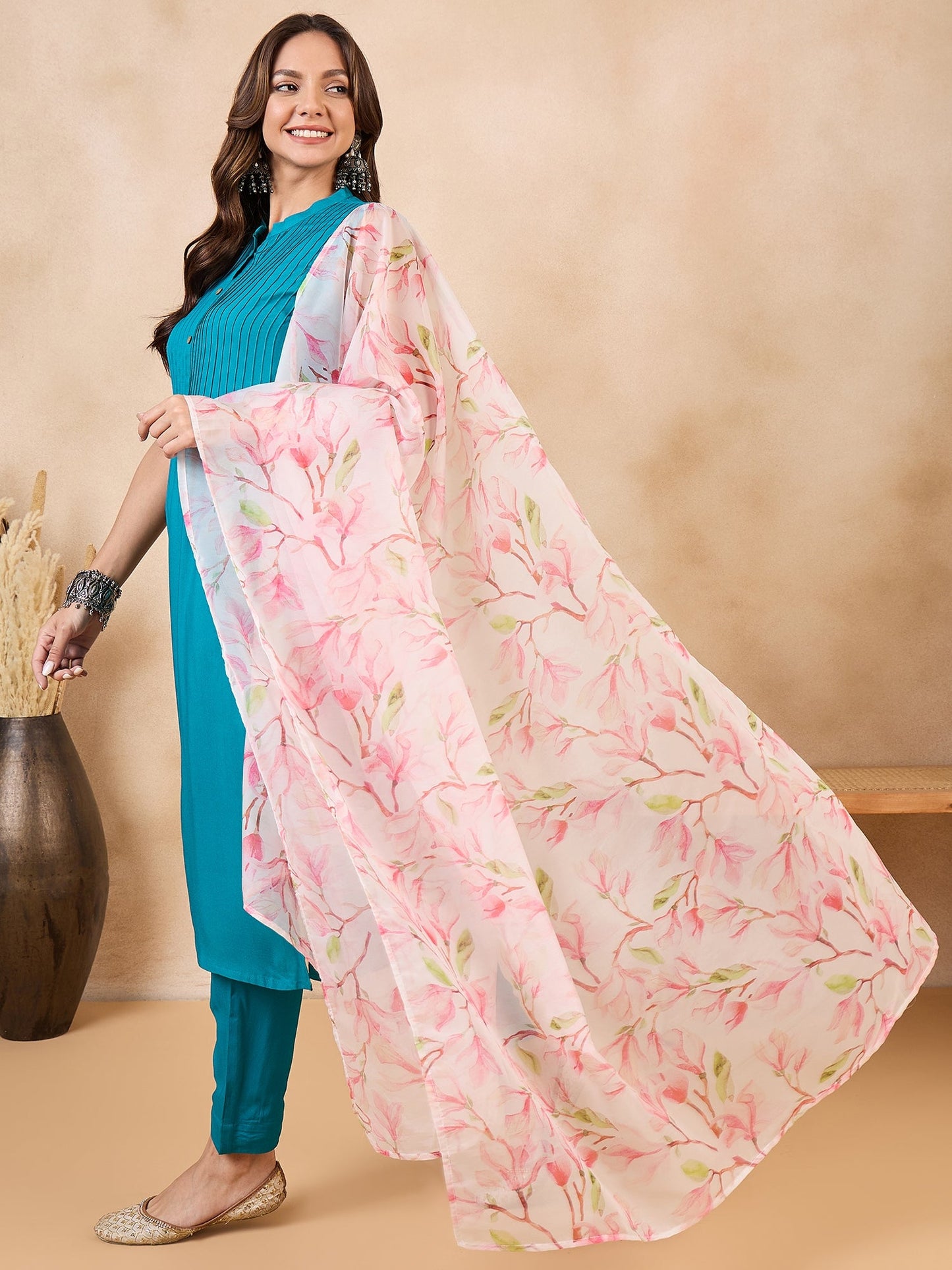 White Peach Floral Print Organza Dupatta