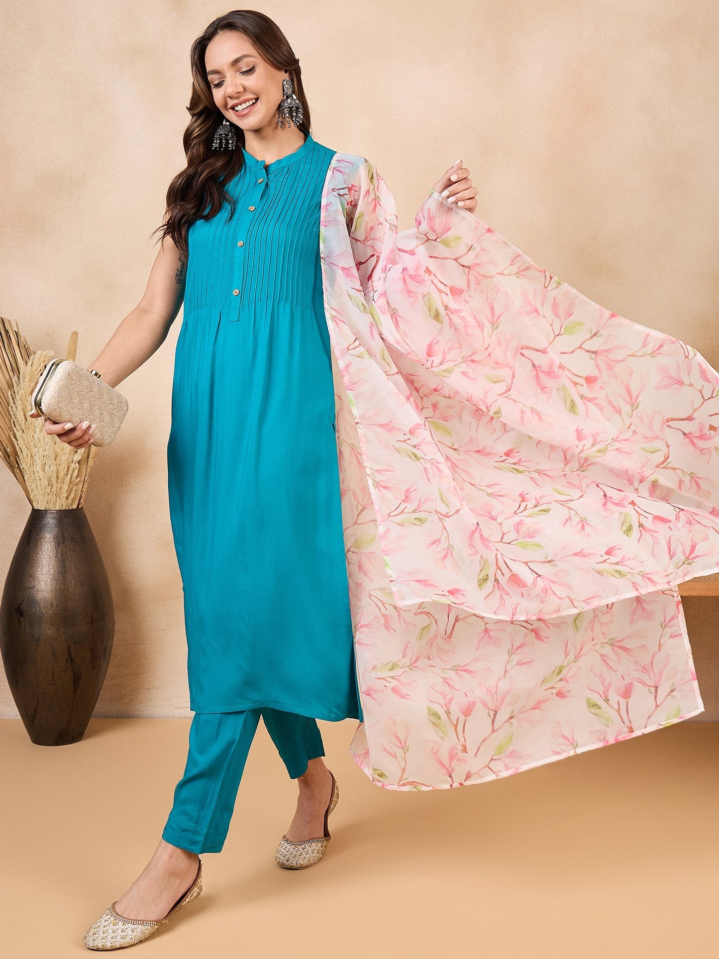 White Peach Floral Print Organza Dupatta