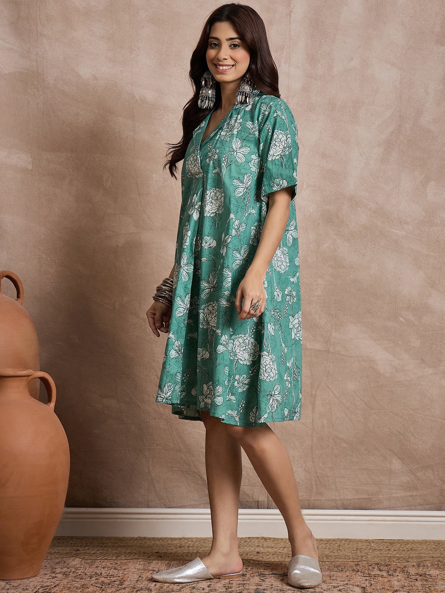 Aqua Green Floral Collar Dress
