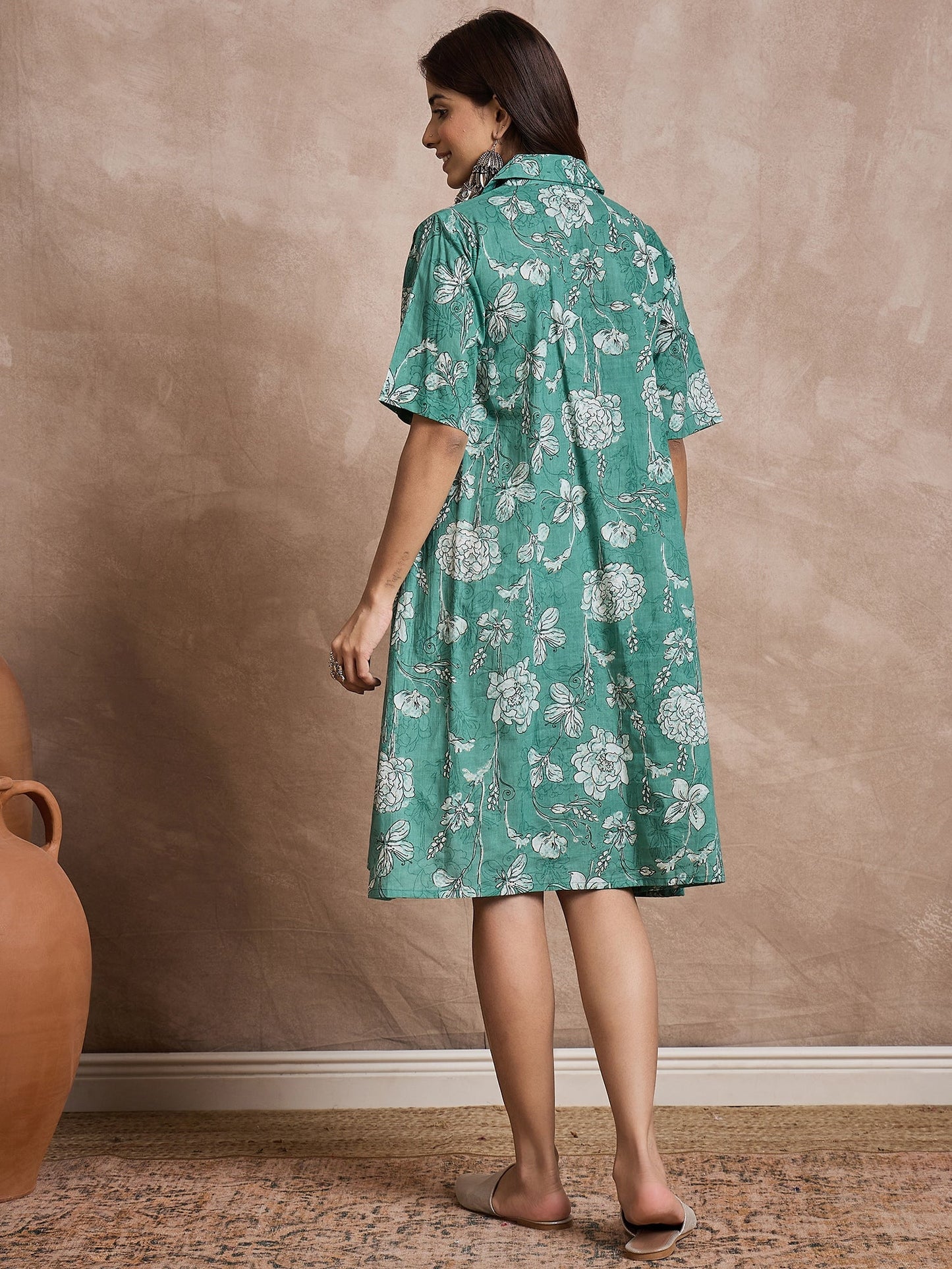 Aqua Green Floral Collar Dress