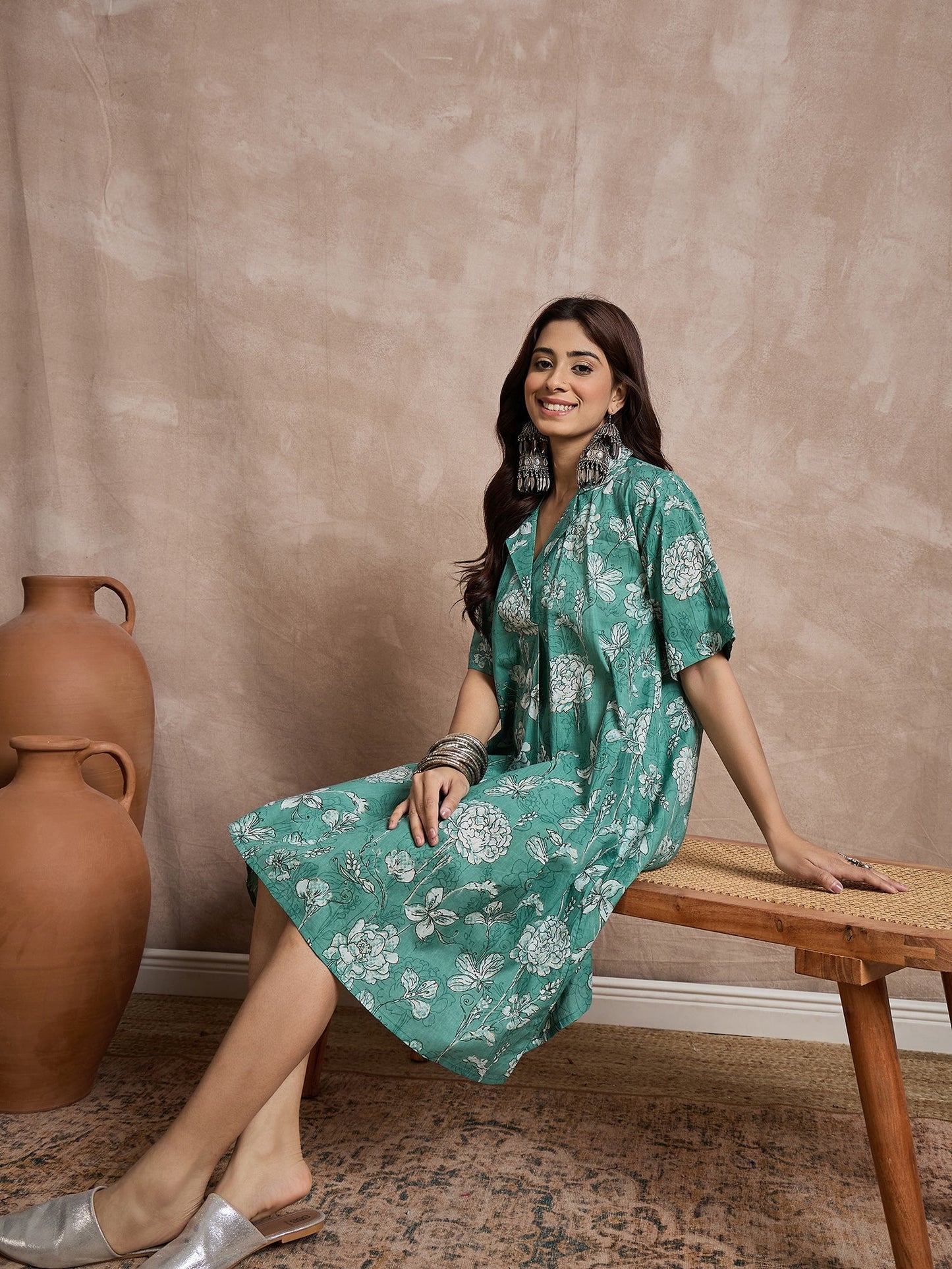 Aqua Green Floral Collar Dress