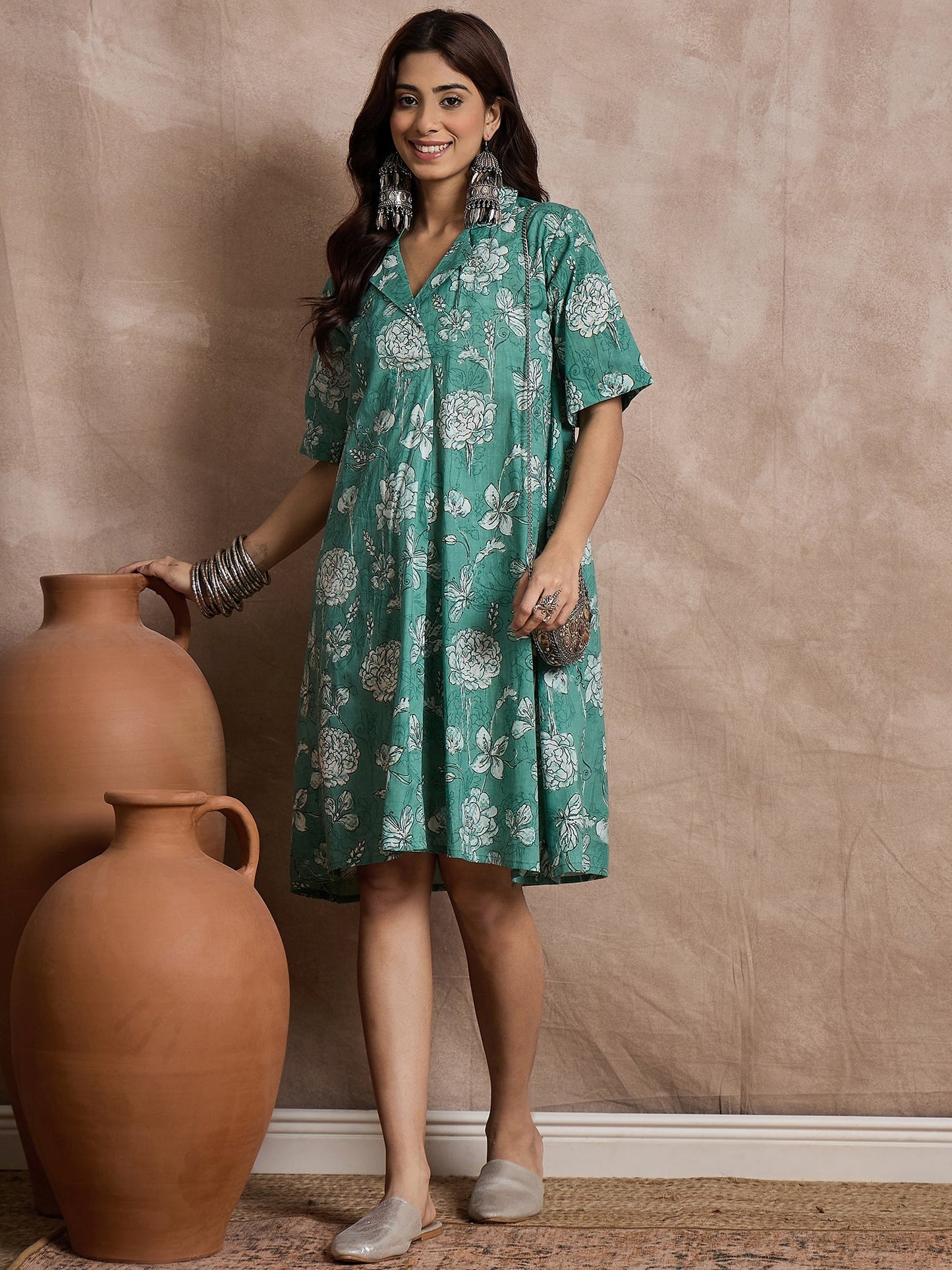 Aqua Green Floral Collar Dress