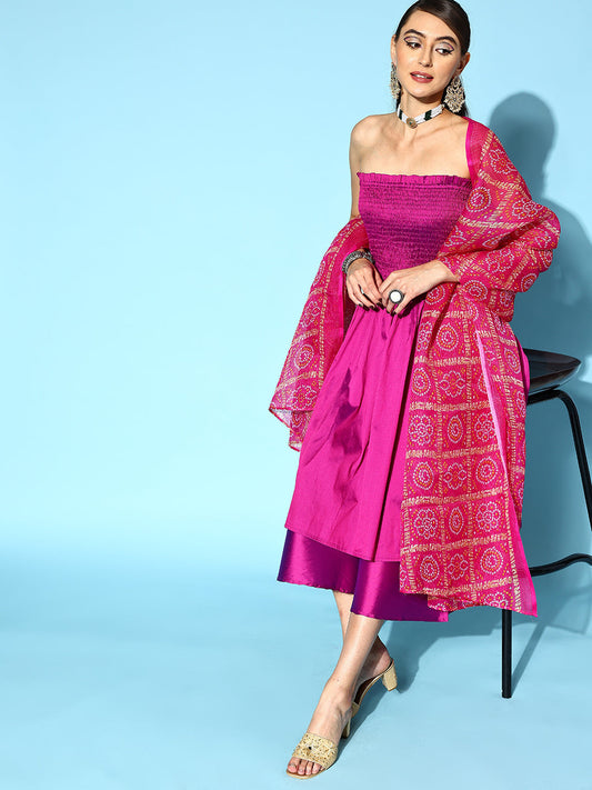 Purple Off Shoulder Silk Kurta Set -Pink Kota Bandhej Dupatta