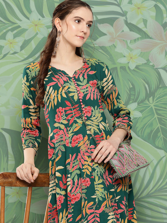 Green Tropical Print Gota Long Dress