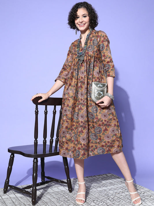 Ochre Mustard Kalamkari Print Dress