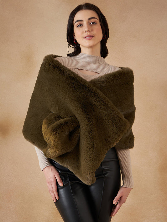 Mehandi Green Long Faux Fur Cape
