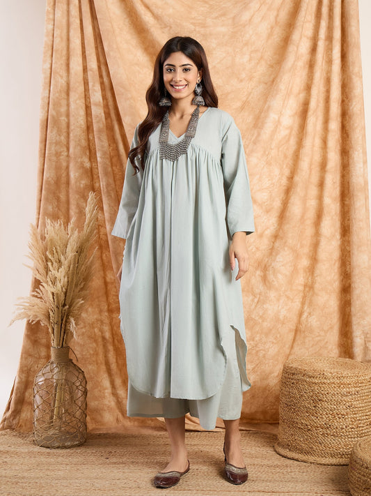 Steel Blue V Neck Flared Kurta Set (To be despatched in 12 - 15 days)