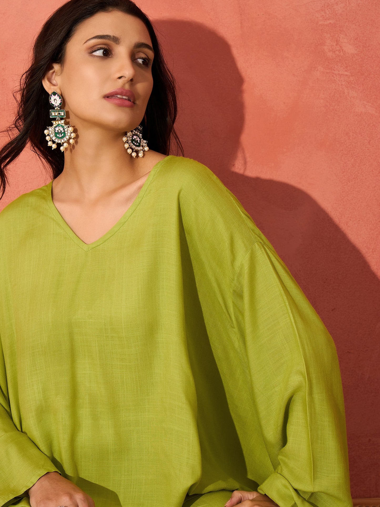 Pear Green Solid Boho Full Sleeve Coord Set