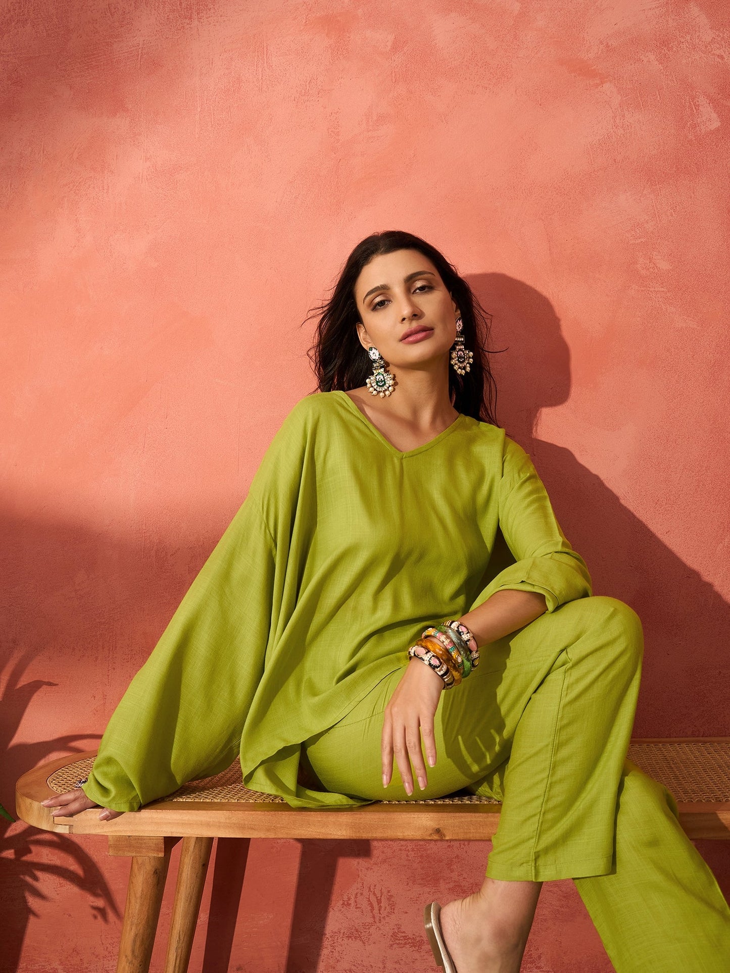 Pear Green Solid Boho Full Sleeve Coord Set