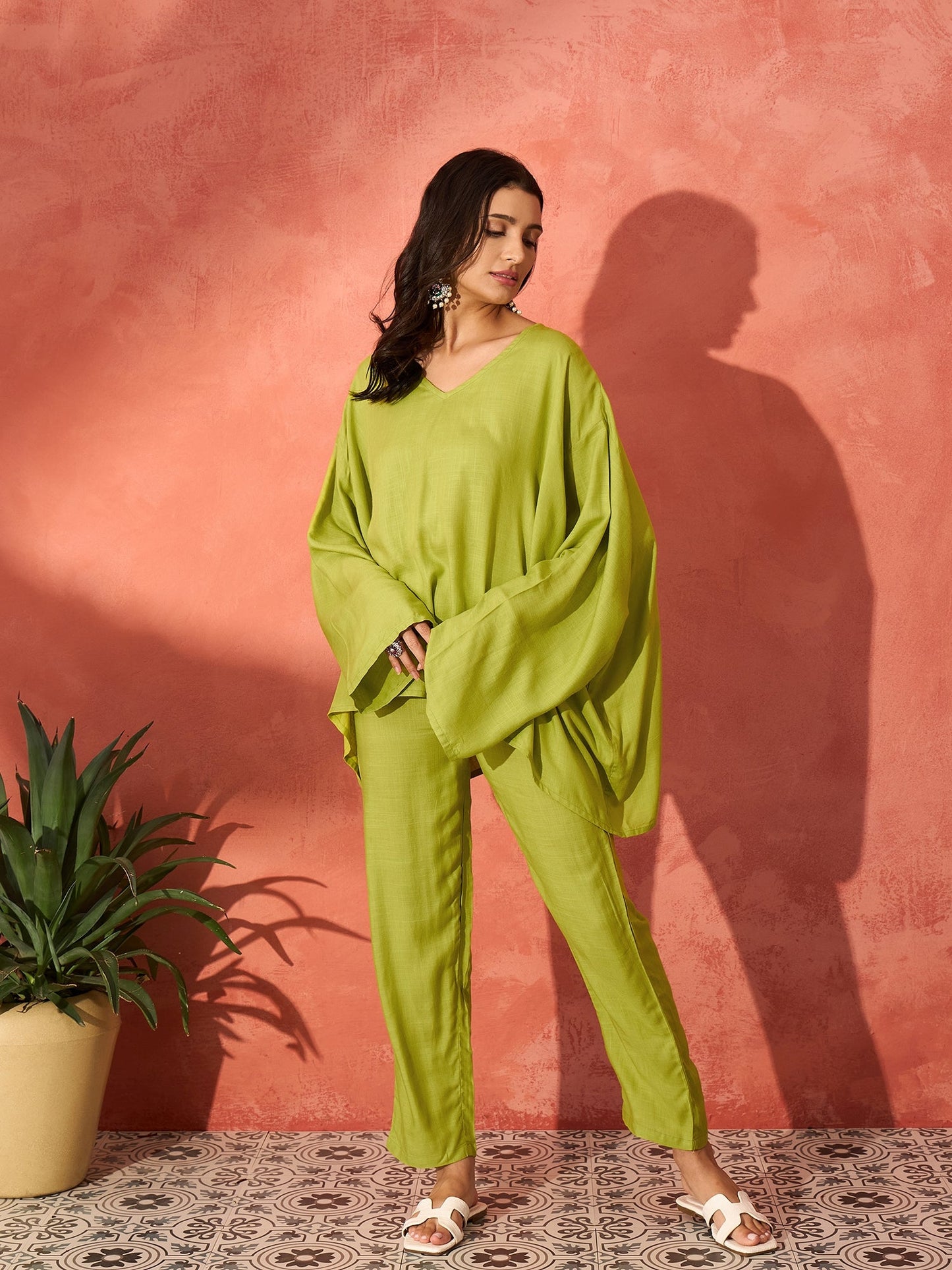 Pear Green Solid Boho Full Sleeve Coord Set