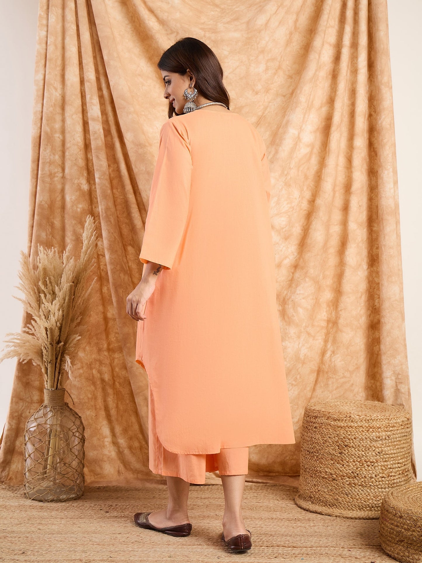 Melon Orange Pastel V Neck Flared Kurta Set (To be dispatched in 12 -15 days)