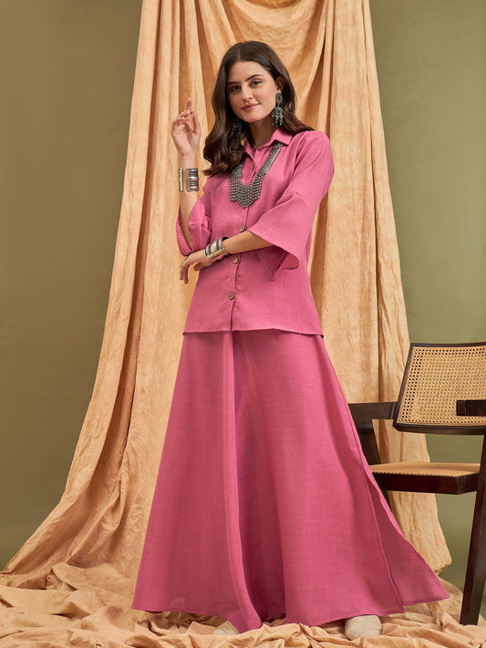 Punch Pink Linen Shirt Skirt Set