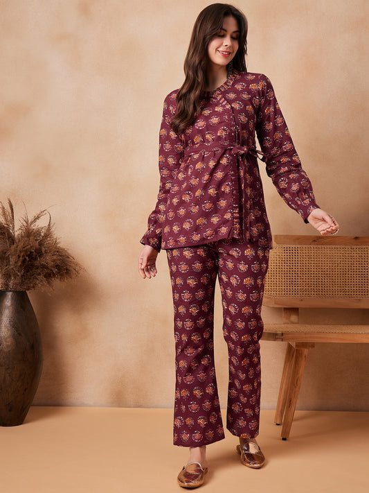 Burgundy Floral Boota Coord Set With Belt