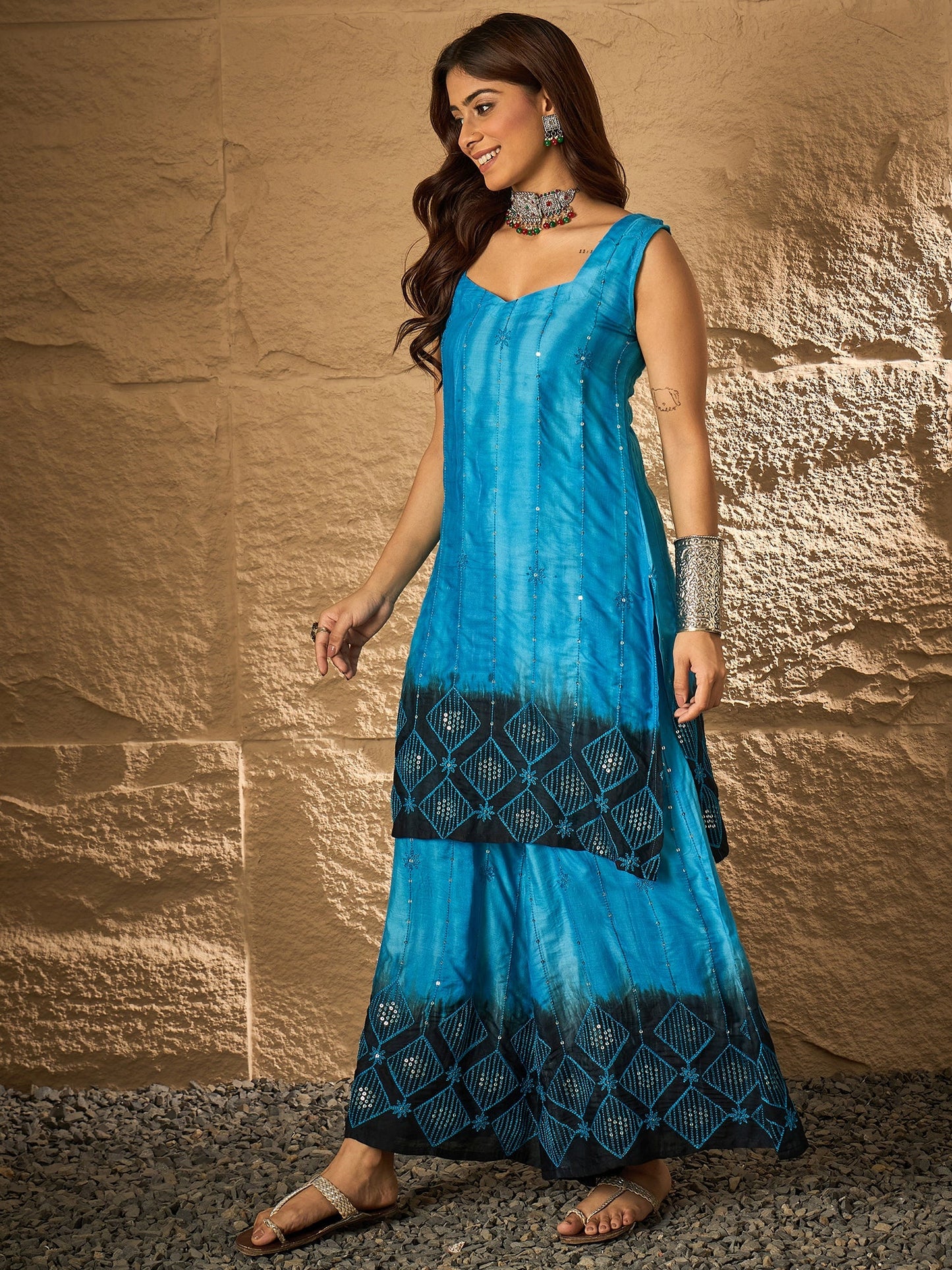 Cyan Blue Tie & Dye Sweetheart Kurta Set