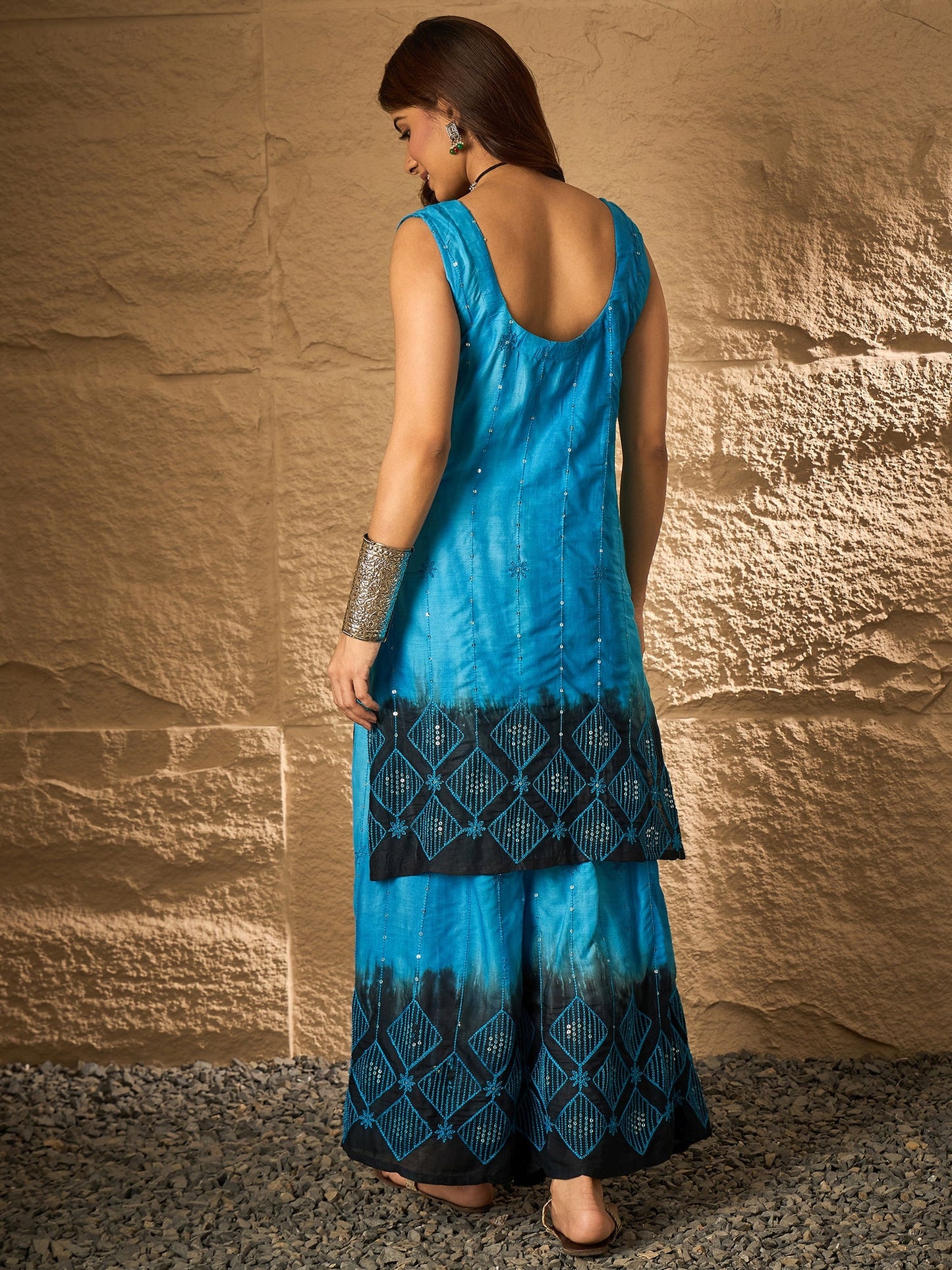 Cyan Blue Tie & Dye Sweetheart Kurta Set