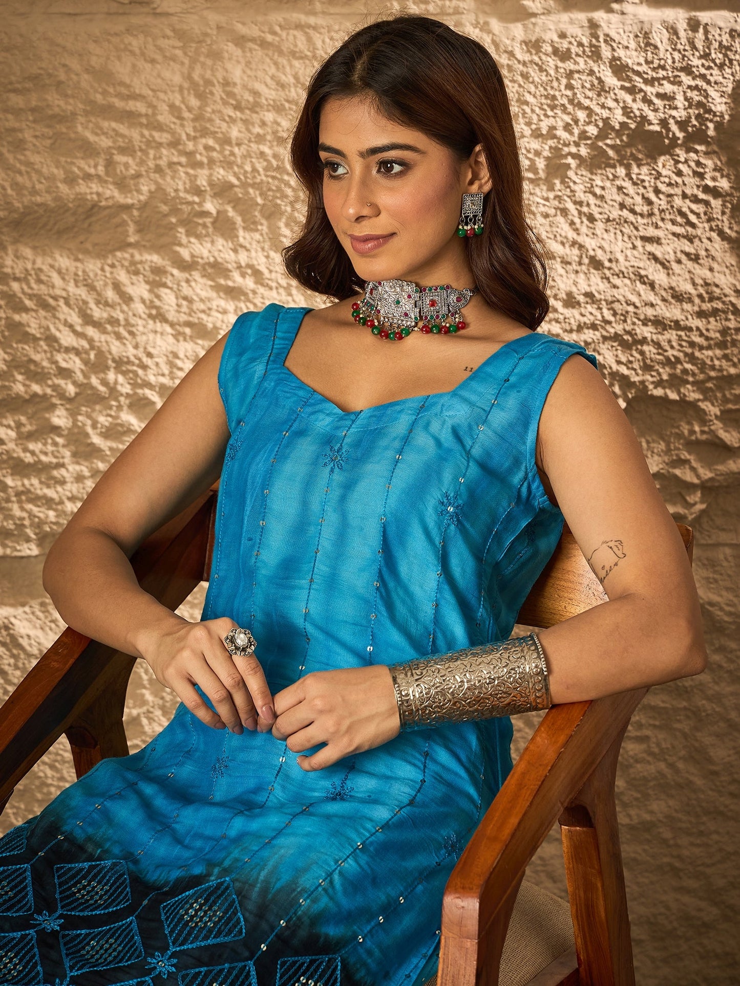 Cyan Blue Tie & Dye Sweetheart Kurta Set