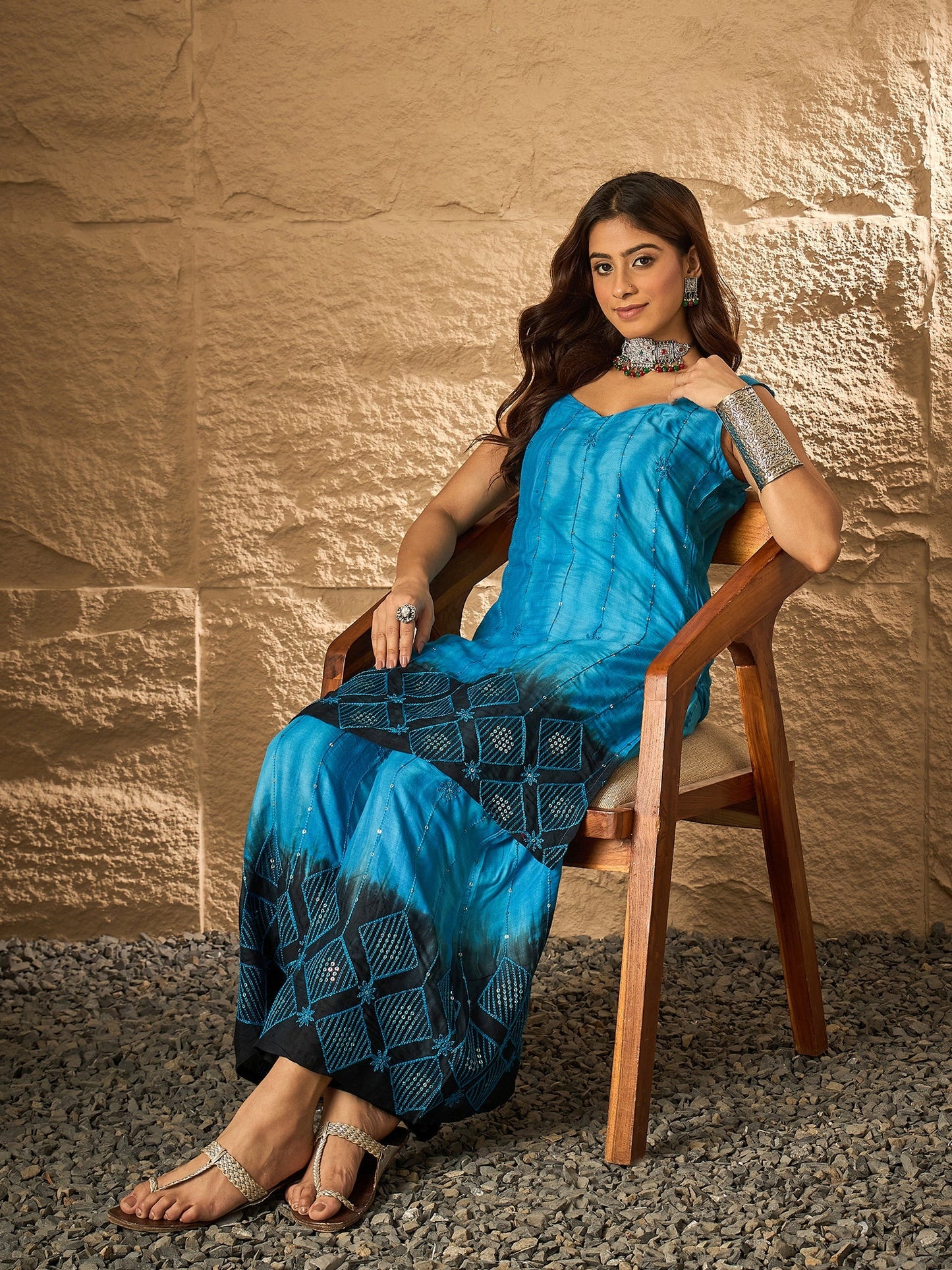 Cyan Blue Tie & Dye Sweetheart Kurta Set