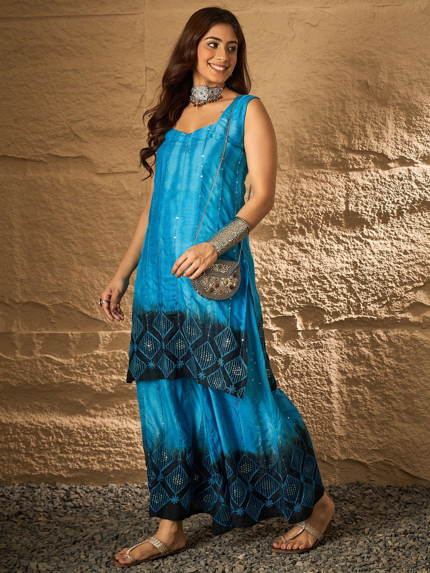 Cyan Blue Tie & Dye Sweetheart Kurta Set