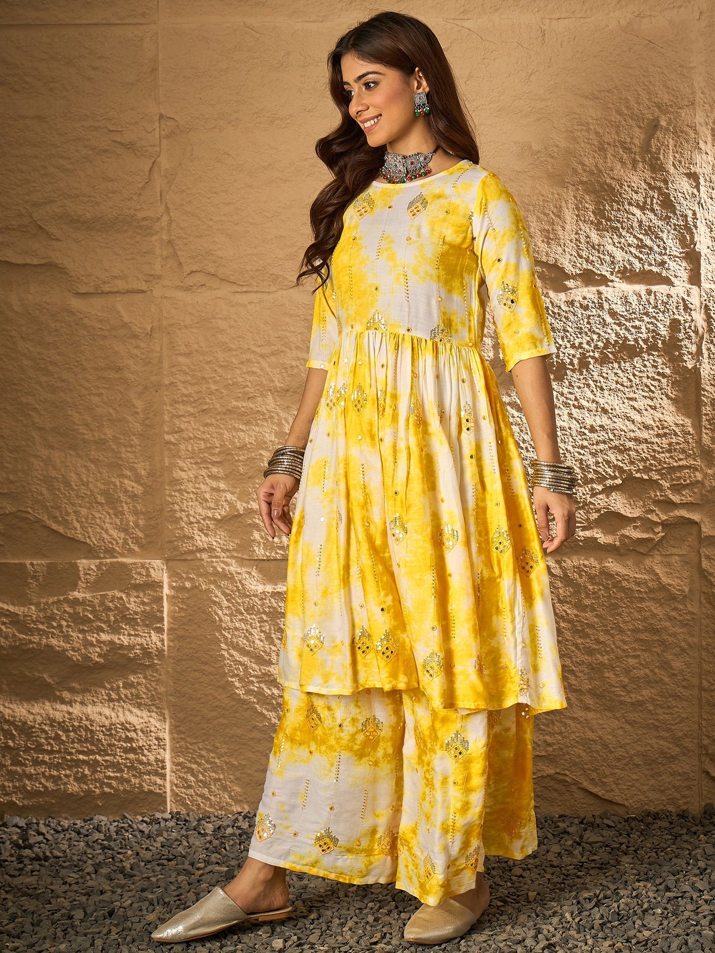 Yellow White Tie & Dye Anarkali Kurta Set