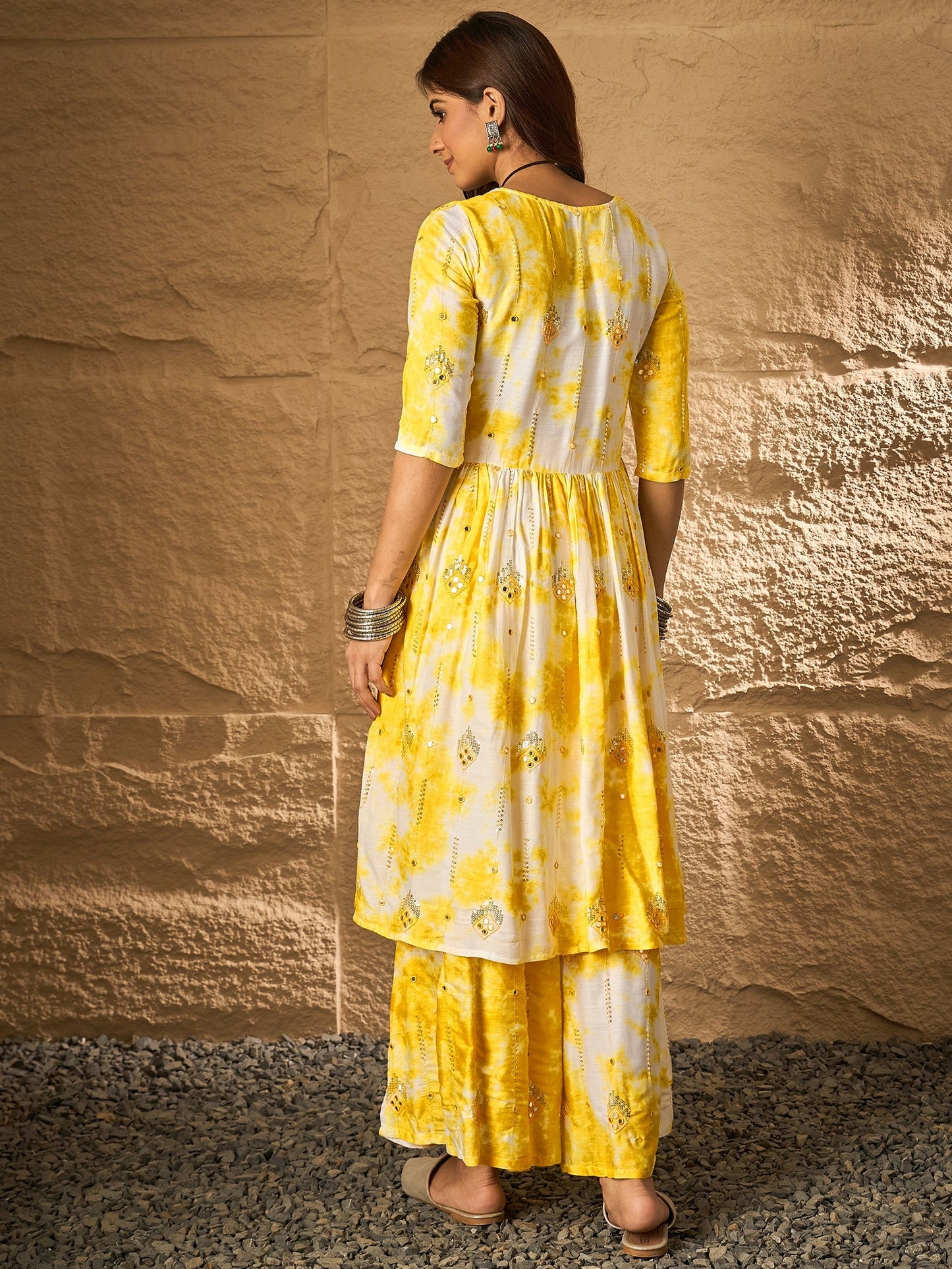 Yellow White Tie & Dye Anarkali Kurta Set