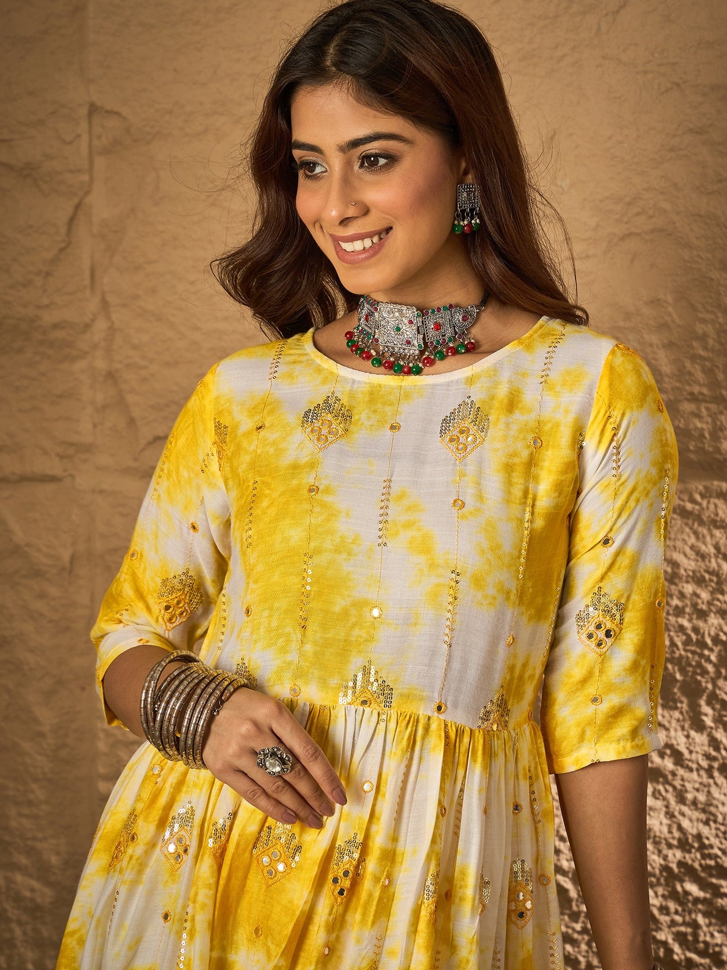 Yellow White Tie & Dye Anarkali Kurta Set