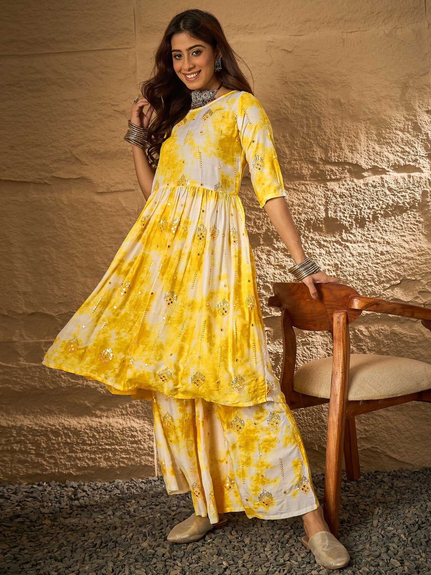 Yellow White Tie & Dye Anarkali Kurta Set