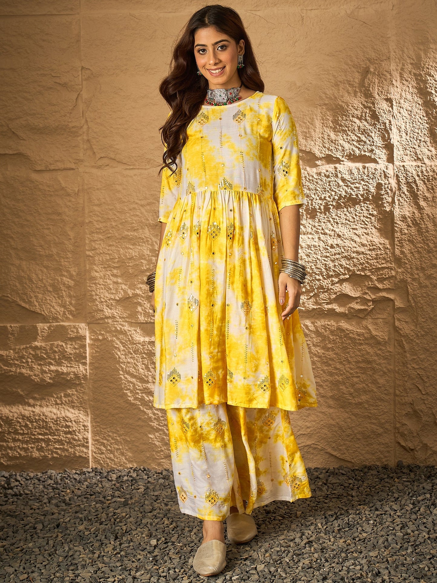 Yellow White Tie & Dye Anarkali Kurta Set