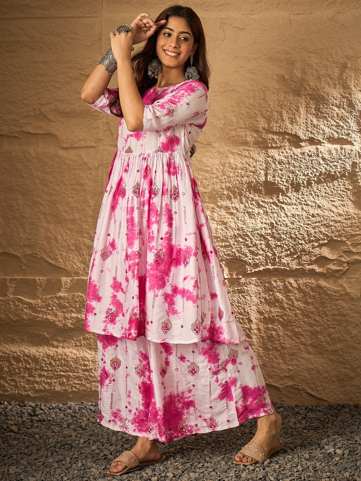 Pink White Tie & Dye Anarkali Kurta Set