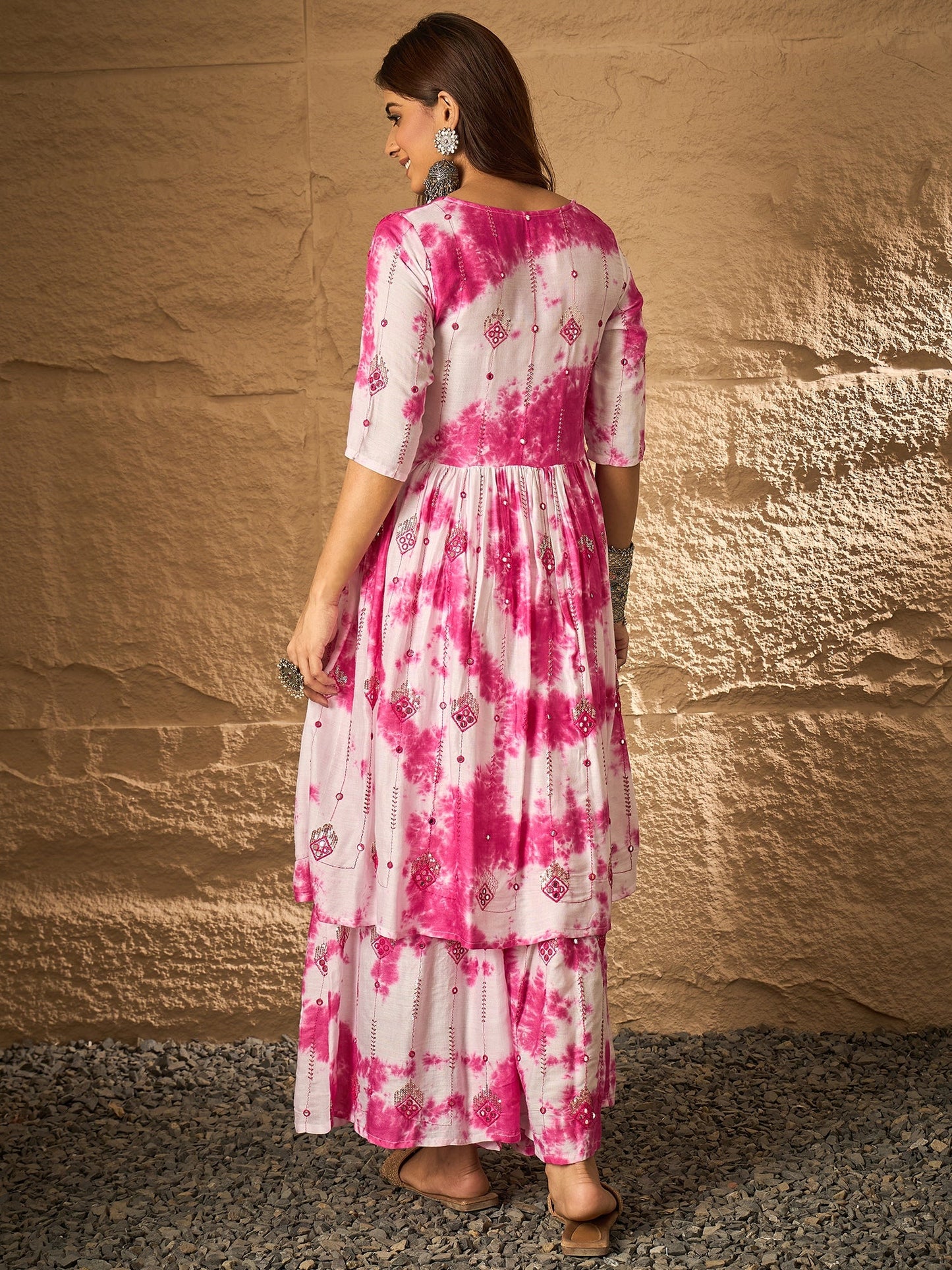 Pink White Tie & Dye Anarkali Kurta Set