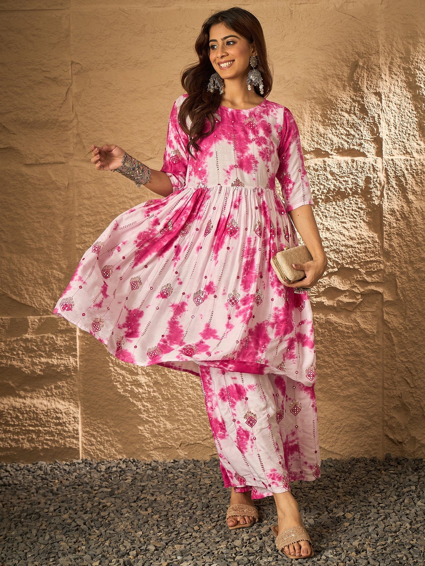 Pink White Tie & Dye Anarkali Kurta Set