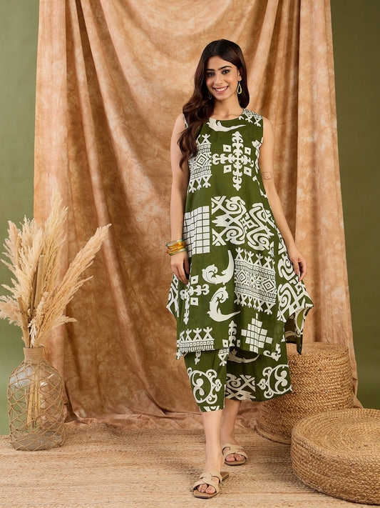Olive White Print R Neck Kurta Set