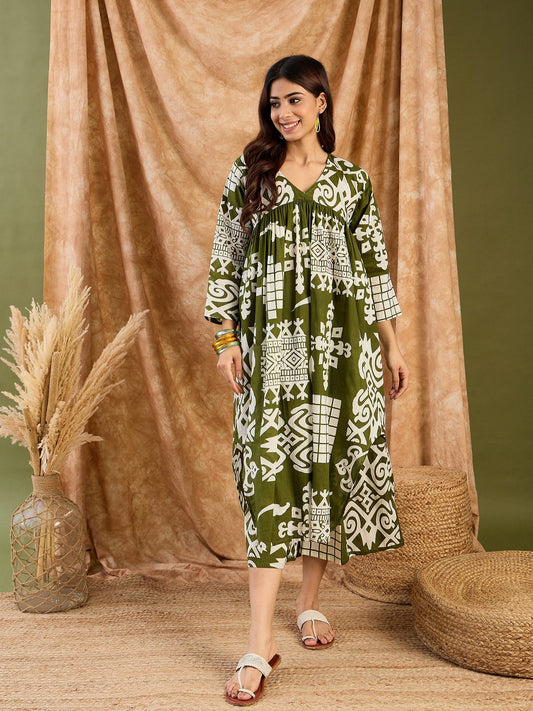 Olive White V Neck Neck Kurta Set