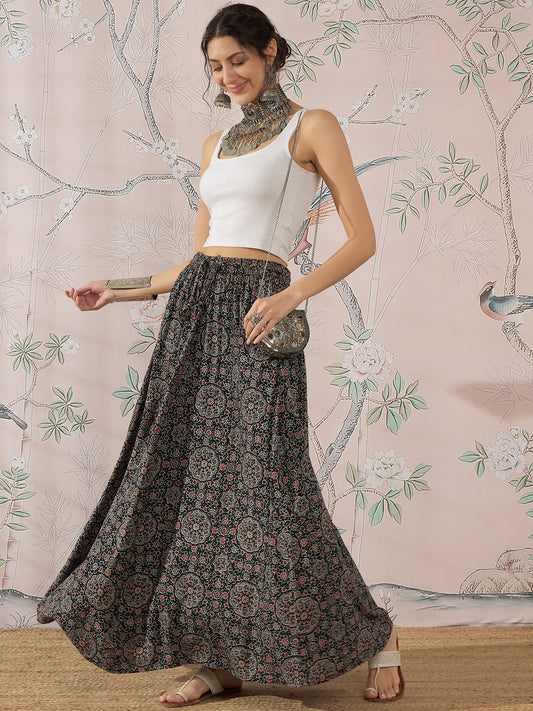 BLACK MAROON AJRAKH FR SKIRT