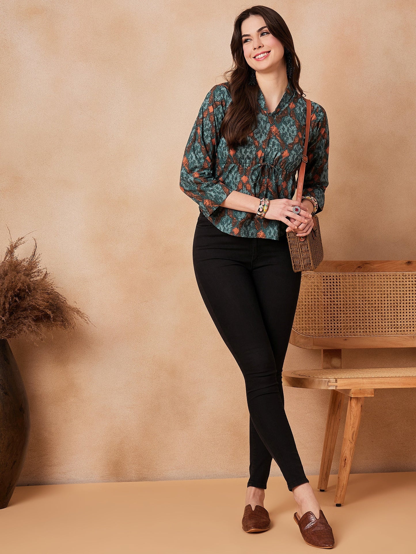 Aqua Pearl Shawl Neck Top