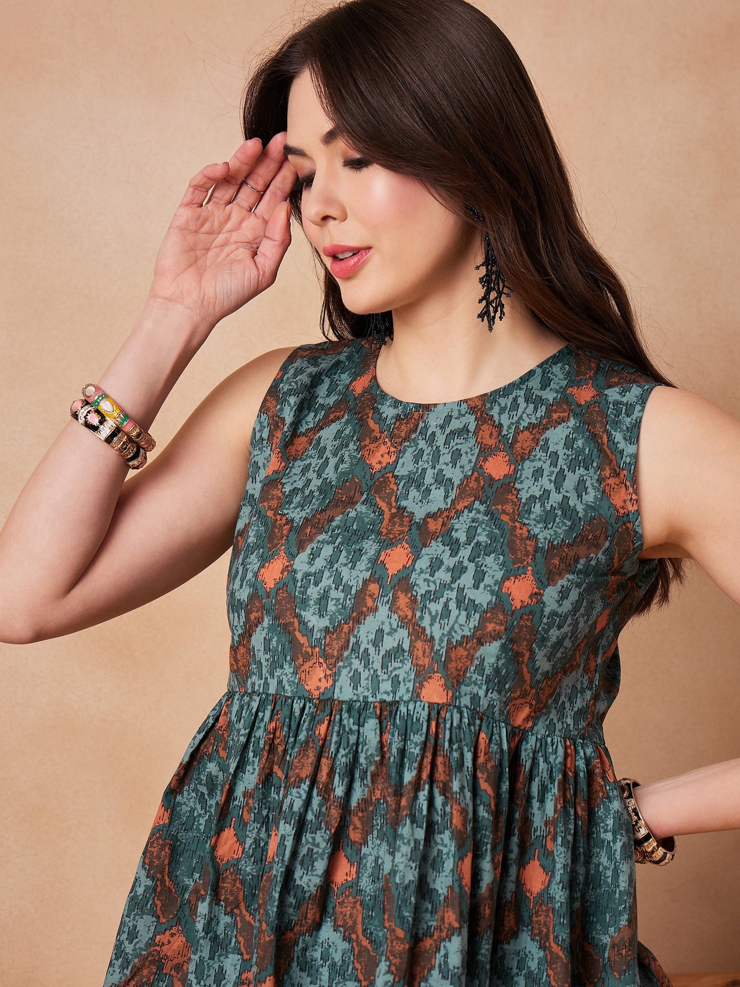 Aqua Pearl Abstarct Printed Round Neck Top