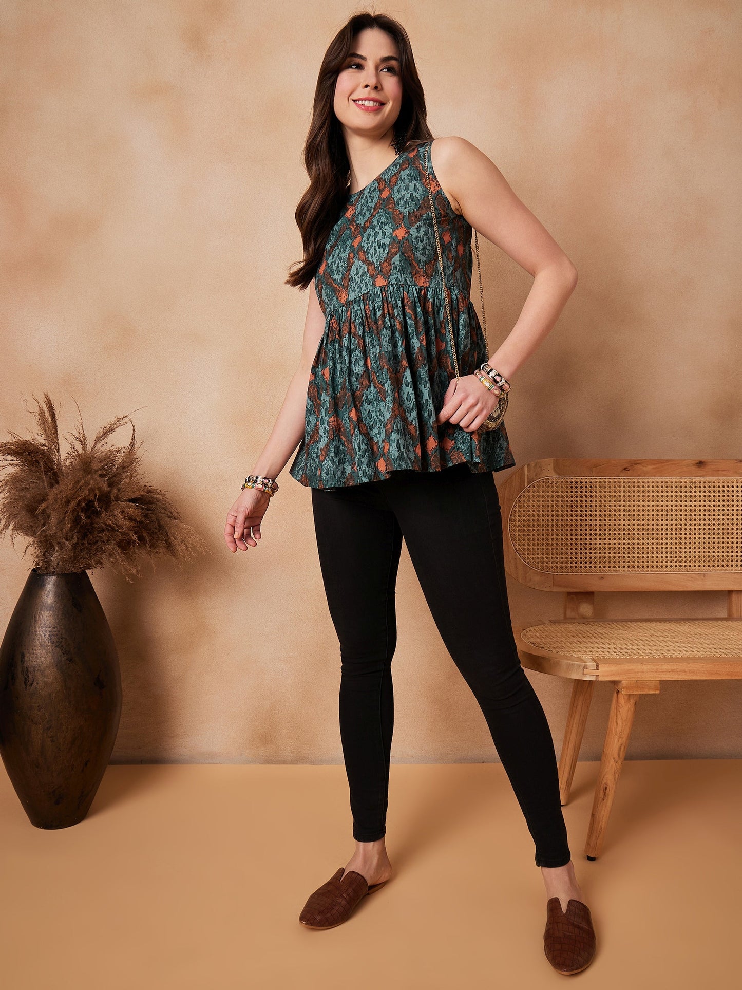 Aqua Pearl Abstarct Printed Round Neck Top