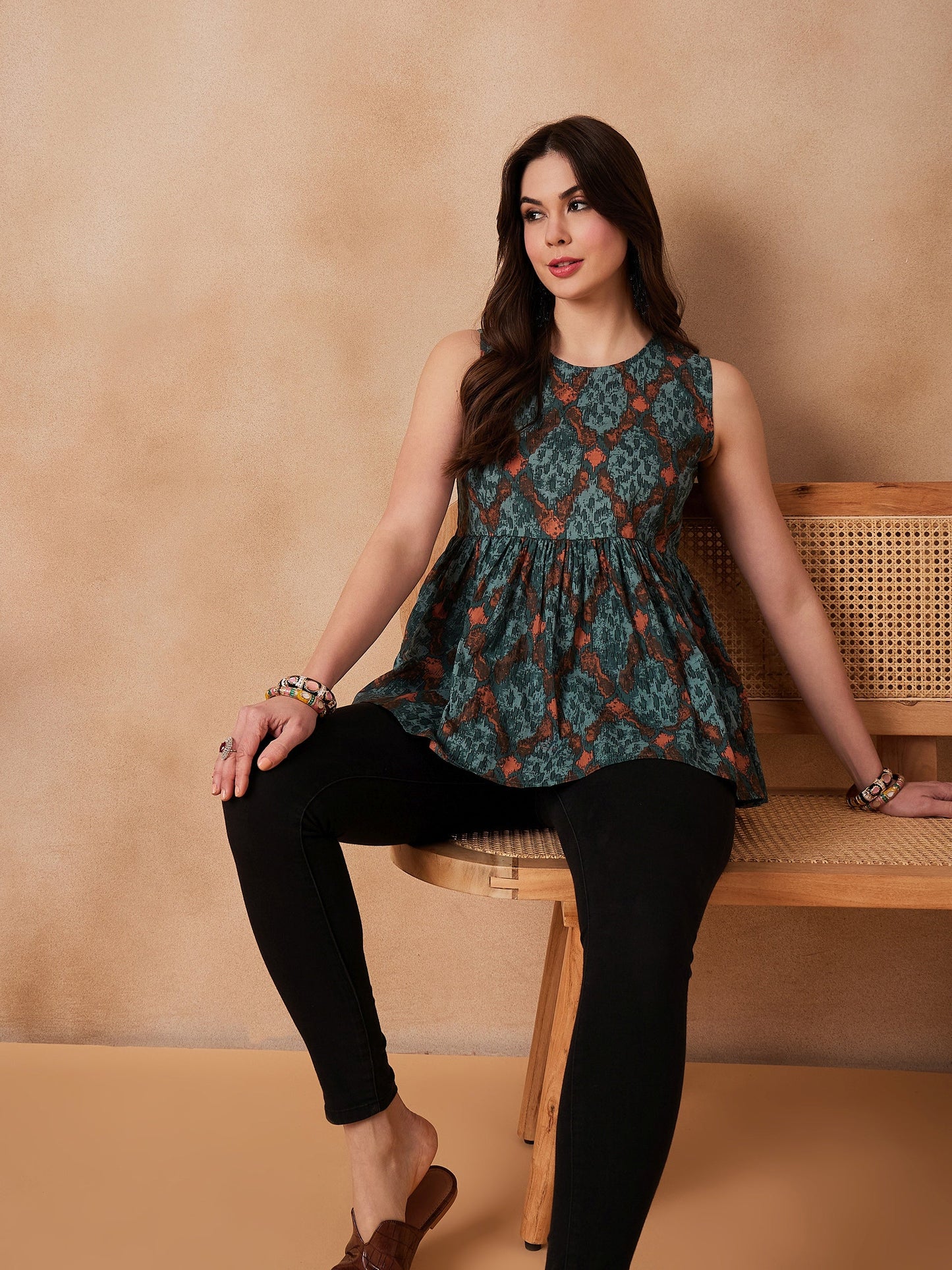 Aqua Pearl Abstarct Printed Round Neck Top
