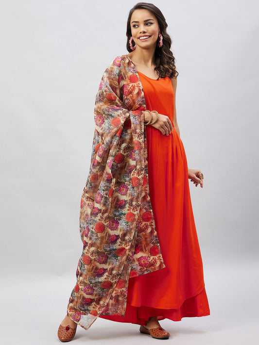Orange Strappy Set With Camel Brown Floral Organza Dupatta