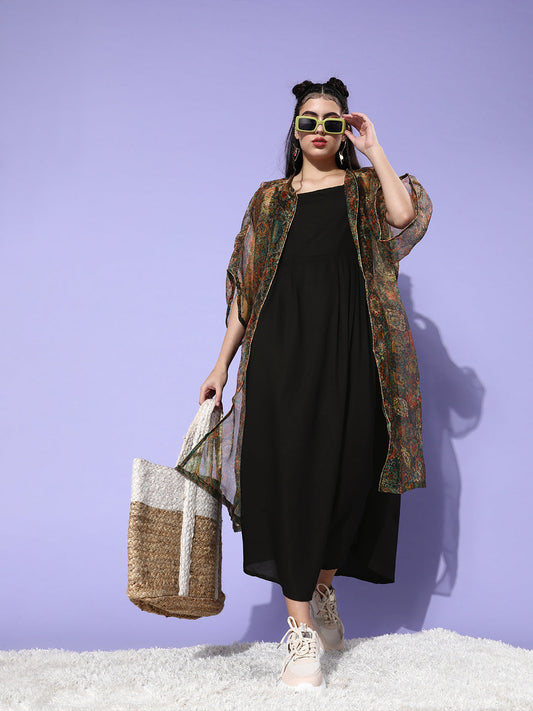 Black - Multi Print Organza Cape Set