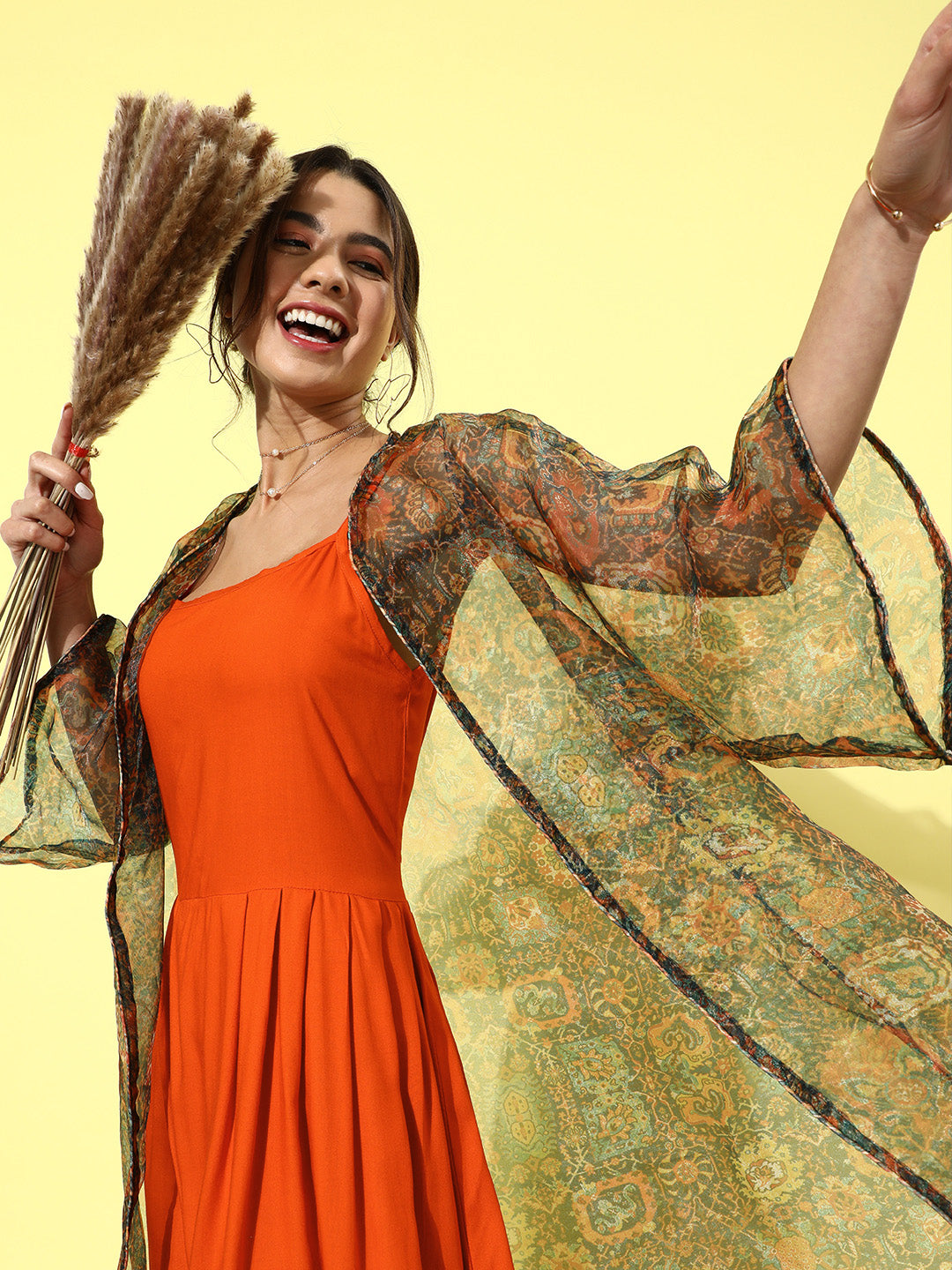 Orange - Multi Printed Organza Cape Set