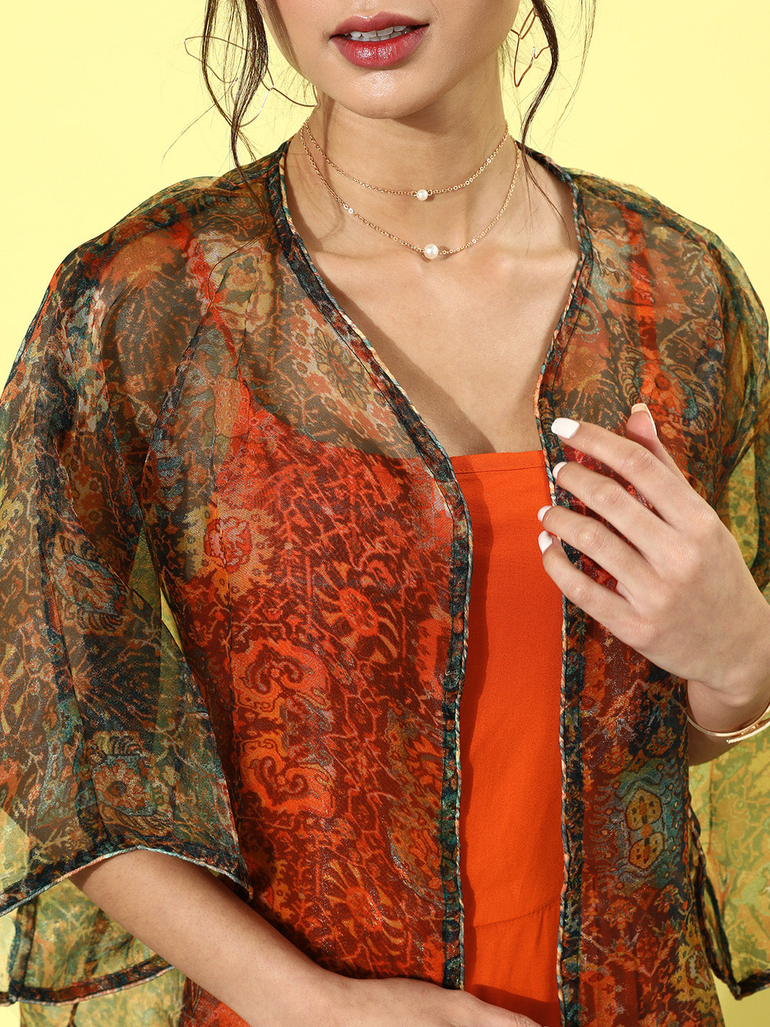 Orange - Multi Printed Organza Cape Set